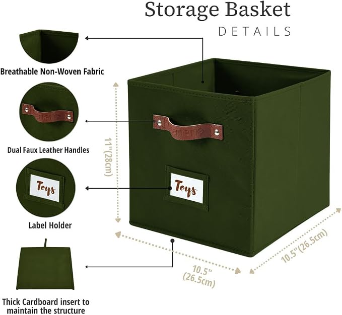 DECOMOMO Storage Bins, Cube Storage Bin with Labels, Fabric Storage Cubes for Shelves (10.5" x 11" / 6pcs, Olive Green) - Image 3