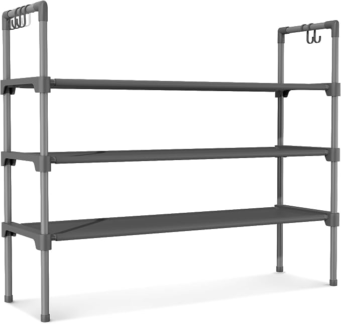 LANTEFUL 3 Tier Shoe Rack for Closet, Shoe Organizer with 5 Hooks, Long Shoe Shelf Storage for Shoe and Boot Stackable Free Standing Shoe Rack for Entryway, Garage, Small Spaces, Dorm, Grey - Image 8