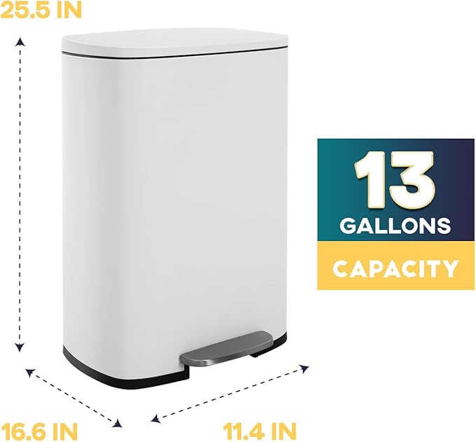 FDW | 13 Gallon Trash Can with Lid | White | Fingerprint-Proof | Made of Brushed Stainless Steel | Soft-Close Step Pedal | Hands-Free Use | Easy to Clean | for Kitchen, Office, Bathroom - Image 7