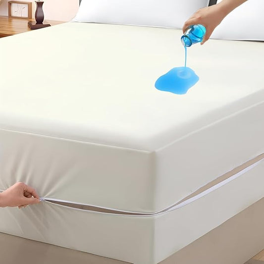 Mattress Protector King Size 100% Waterproof Zippered Cover, 15 Inches Deep, Six-Sided Mattress Encasement for Bed, Zipper Closure Style (Ivory)