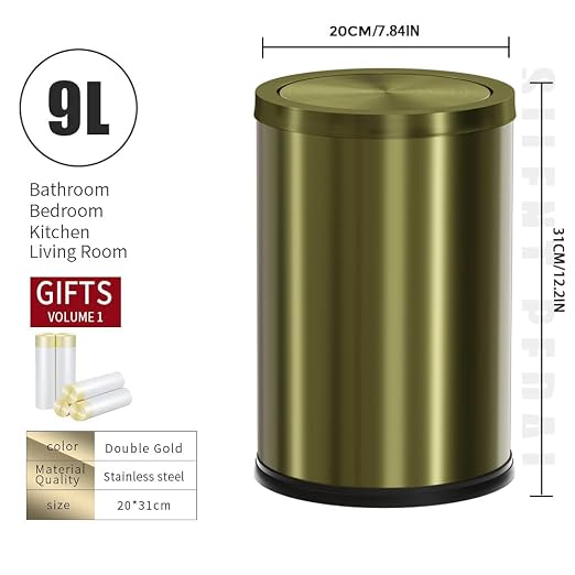 9L/2.4Gal Antique Bronze Bathroom Trash Can, Small Flip Garbage Can with Lid,Brushed,Single-Layer,Trash Bin for Laundry，Hotel，Office， Laundry Room (Bronze) - Image 7