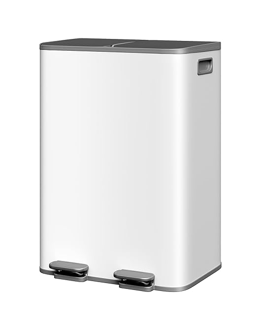 GarveeHome 2 x 8 gal Stainless Steel Double Trash Can with Lid for Kitchen, Large Dual Trash and Recycle Bin Combo, Step-on Kitchen Metal Garbage Cans, PP Inner Buckets, Liner Rim, Grayish-White by GarveeHome