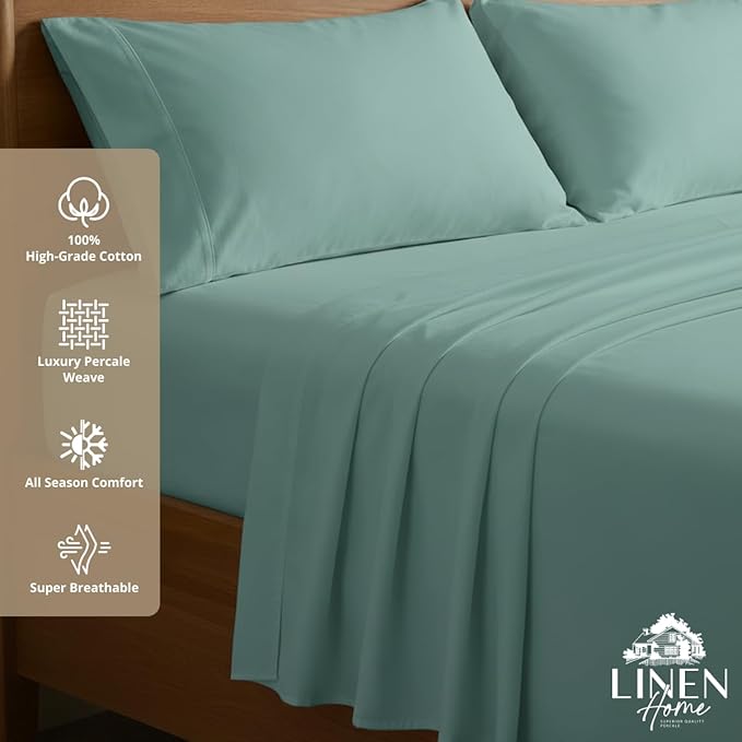 Linen Home 100% Cotton Percale Sheets Twin Size, Aqua Blue, Deep Pocket, 3 Pieces Set - 1 Flat, 1 Deep Pocket Fitted Sheet and 1 Pillowcase, Crisp Cool and Strong Bed Linen