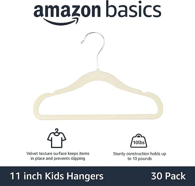 Amazon Basics Kids Space Saving Velvet Non-Slip Clothes Hangers with Shoulder Notches, Sturdy Construction for Closet Organization, 11.6", Beige, 30-Pack - Image 2