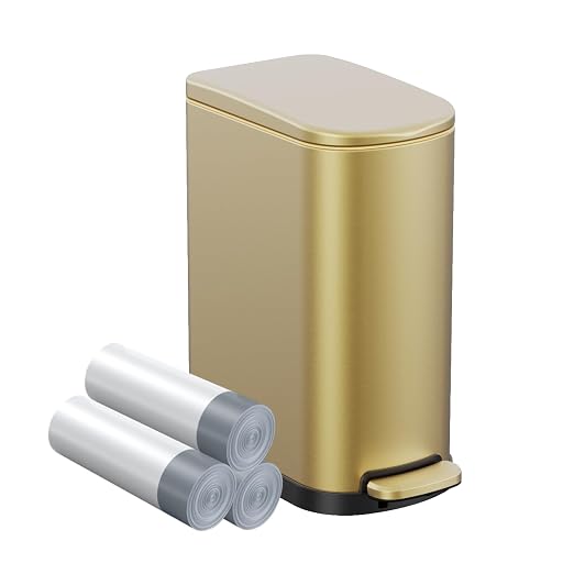 KSSKSS 2.6 Gallon Slim Bathroom Trash Can with Soft Close Foot Pedal, 10L Stainless Steel Garbage Can with Removable Liner Bucket, for Narrow Spaces, Bedroom, Gold by ksskss
