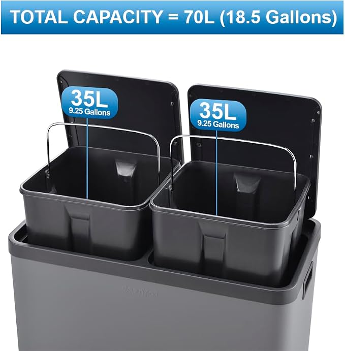 Step N' Sort The 18.5 Gallon Extra Large Capacity, Soft-Step, Dual Trash and Recycling Bin with Removable Inner Bins, Grey - Image 8