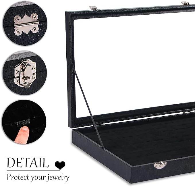 Coward Ring Organizer Jewelry Box, Black Velvet 100 Slots Ring Display Tray Case with Transparent Glass Lid for Home Use or Store Selling Show - Image 3