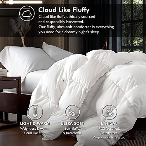 Luxurious Queen Size Goose Down Fiber Waterfowl Feather Fiber Comforter (90"x90"), Fluffy, Ultra Soft, Breathable Comforter Duvet Insert, All Season 48 oz. Fill Weight, Baffle Box Design (White Solid)