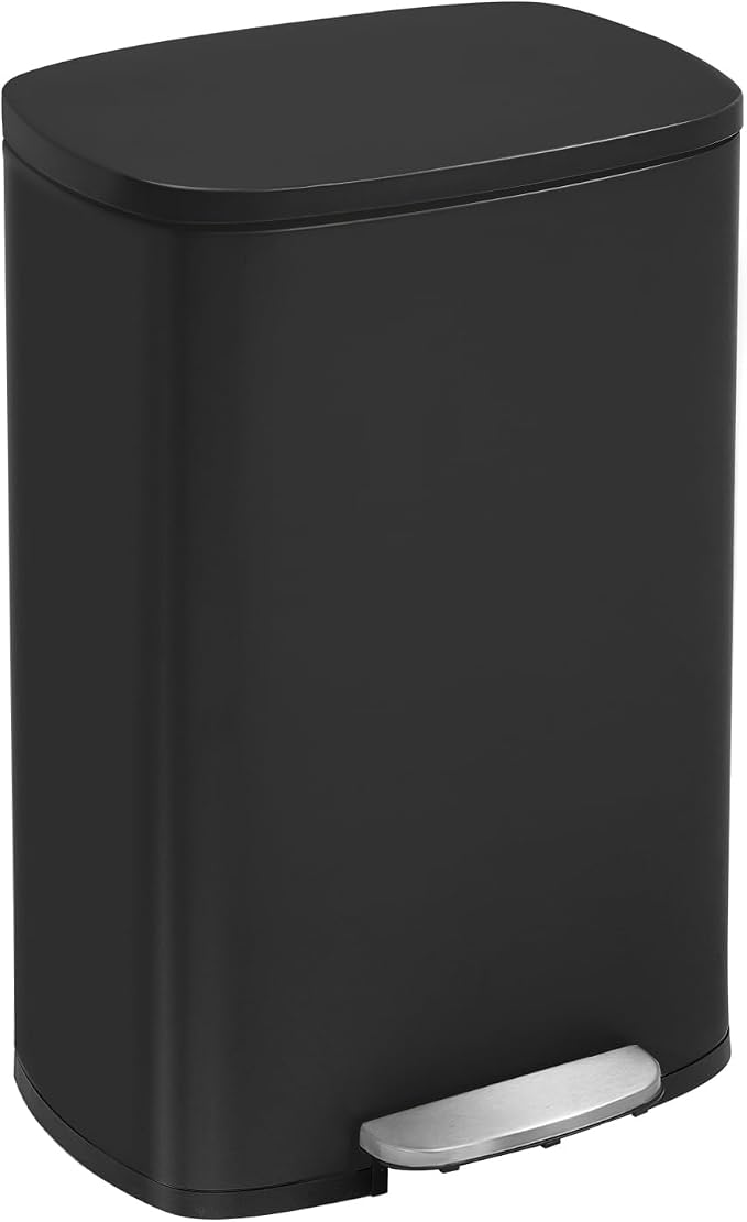 Kitchen Trash Can with Lid for Office Bedroom Bathroom Step Trash Bin Fingerprint-Proof Garbage Bin Brushed Stainless Steel 13 Gallon (Black) by FDW
