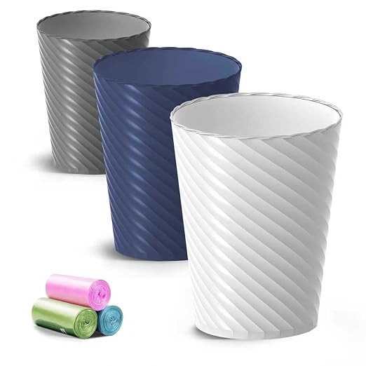Lysam Bathroom Trash Can, 3 Pack 1.8 Gallons Small Trash Can with Trash Bags, Bathroom Garbage Can, Plastic Trash Bin, Round Waste Basket for Bedroom, Office, Room (White Blue Grey) by Lysam