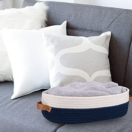 Toilet Basket,Woven Storage Basket for Toilet Tank Top Farmhouse Home Decor Organizing Baskets 13"x5.9"x4" Navy Stitching White - Image 4