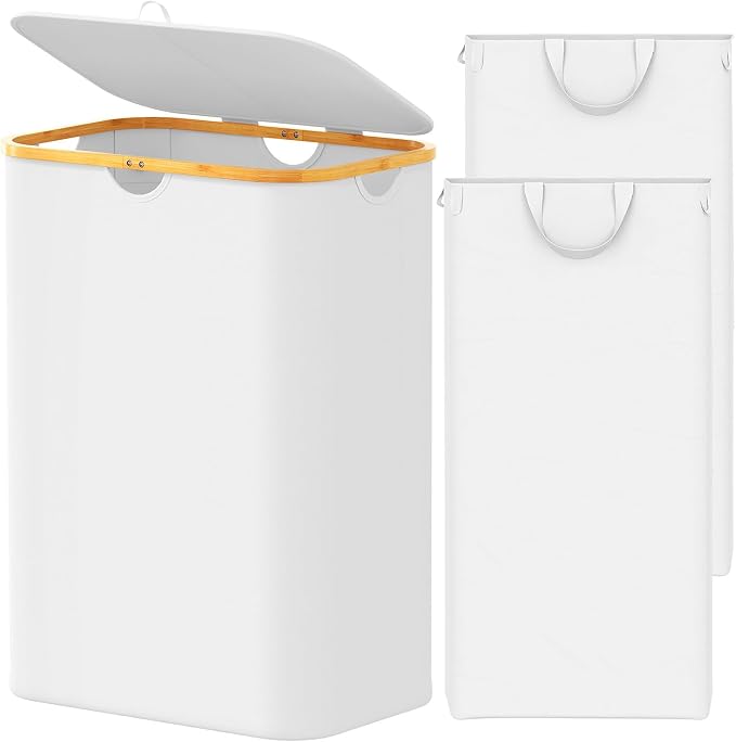 SpaceAid Double Laundry Hamper 2 Section with Lid and Removable Laundry Bags, 160L Clothes Basket with Bamboo Handles, Large Collapsible Hamper for Bedroom, Bathroom, Dorm, Laundry Room - White by SpaceAid