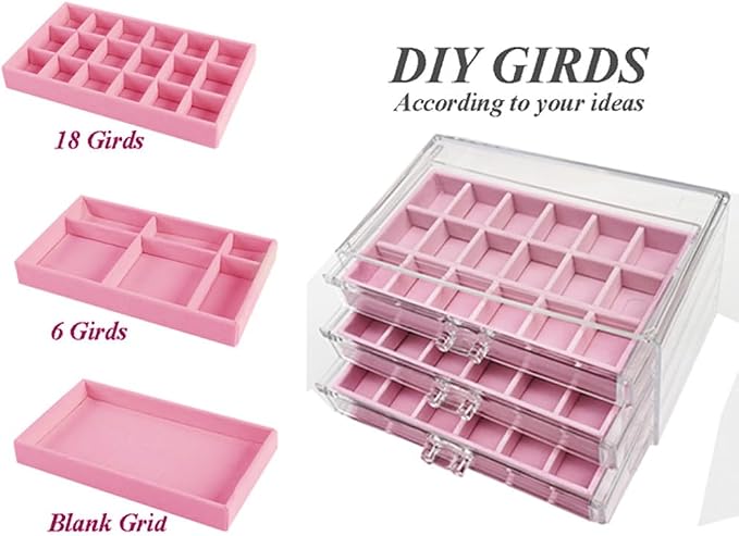 YUFONG Earring Organizer Box Acrylic Jewelry Organizer with 3 Drawers 54 Adjustable Grids Clear Stackable Earring Holder Velvet Trays Ring Display Case for Women Girls (Pink) - Image 3