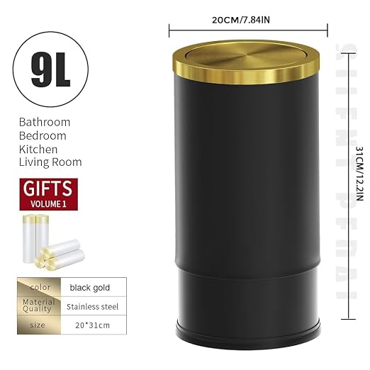Brushed Brass Garbage can,Bathroom Trash can with lid，Modern Small Trash Can with Flipping Lid, 9 L,Garbage cans for Bathroom, Kitchen,Bedroom, Metallic Gold (Black（Double）) - Image 7