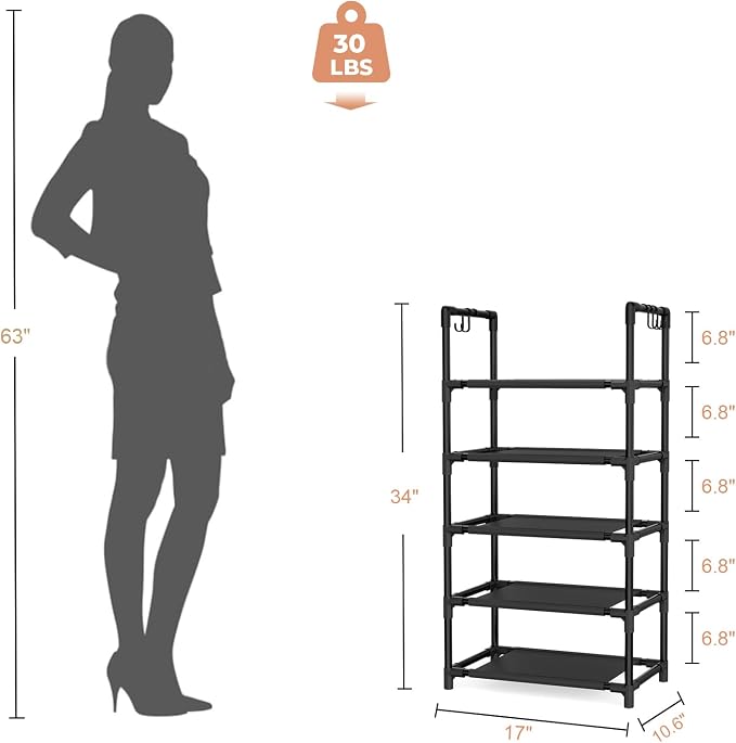 LANTEFUL 5 Tiers Shoe Rack 12-15 Pairs Boots Organizer Storage Sturdy Narrow Shoe Shelf for Entryway, Closets with Hooks, Black - Image 3