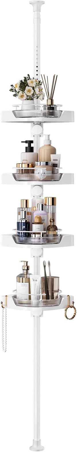 360° Rotating Shower Caddy Tension Pole, 4 Tiers Corner Shower Organizer for Bathroom Shelf Bathtub, Adjustable Standing Shower Rack Bathroom Accessories, Easily Assemble, 34-124 Inch Height, White by YCIADONE