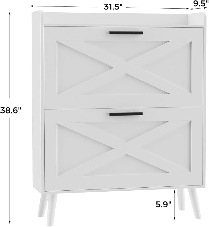 Homleke 32" W Farmhouse Shoe Storage Cabinet with 2 Flip Drawers and Barn Door Design, Adjustable Shelves, Modern Hidden Slim Narrow Shoe Rack Cabinet for Entryway, Foyer, Hallway, Living Room, White - Image 2