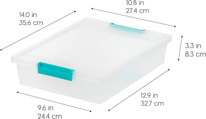IRIS USA 6 Qt. Craft Storage Bins with Lids, 4-Pack, |Made in USA|, Clip Box, Small Plastic Sensory Bin Tote Organizer Containers for Art Supplies, Paper, & Office, Stackable - Clear/Seafoam Blue - Image 2