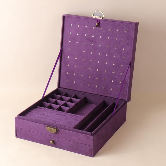 Women Jewelry Box Lockable 3 Layers Large Jewelry Organizer Storage Case for Earrings Necklaces Rings Bracelets,Green Display Jewel Holder (Purple) - Image 2