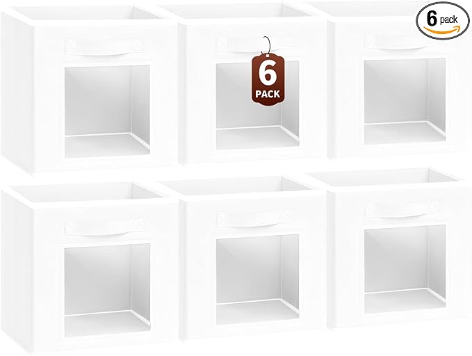 Homsorout Storage Cube 11 Inch - Cube Storage Bins with Window, Closet Storage Baskets with Handle, Fabric Bins for Closet, Shelves, Toys, Clothes, Set of 6, White by Homsorout