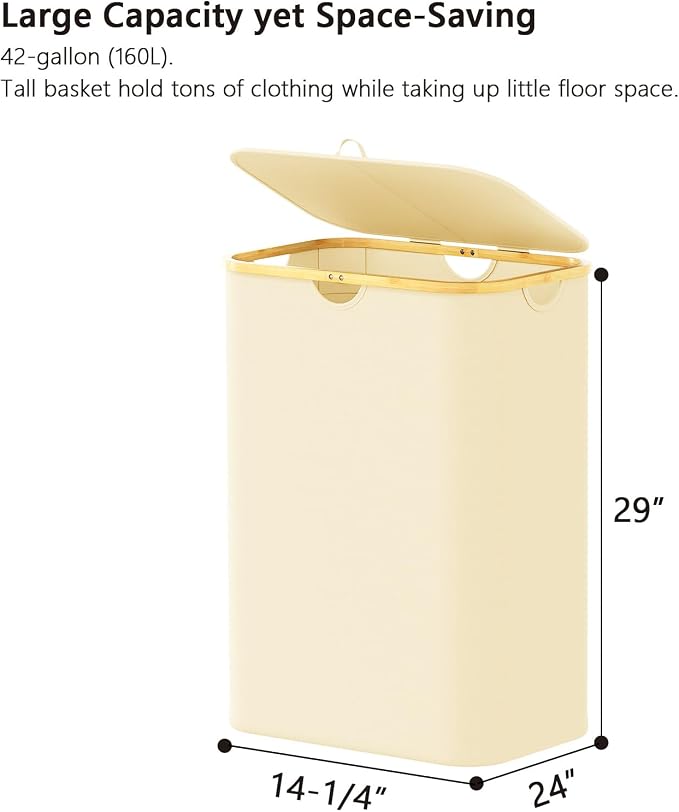 SpaceAid Double Laundry Hamper 2 Section with Lid and Removable Laundry Bags, 160L Clothes Basket with Bamboo Handles, Large Collapsible Hamper for Bedroom, Bathroom, Dorm, Laundry Room - Beige - Image 5