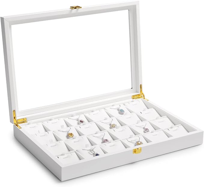 Oirlv White Leather Jewelry Organizer Tray with Acrylic Lid Drawer Insert Jewelry Storage Box with 24 Removable Jewelry Cards Pendant Necklace Display Case Women Gift - Image 3
