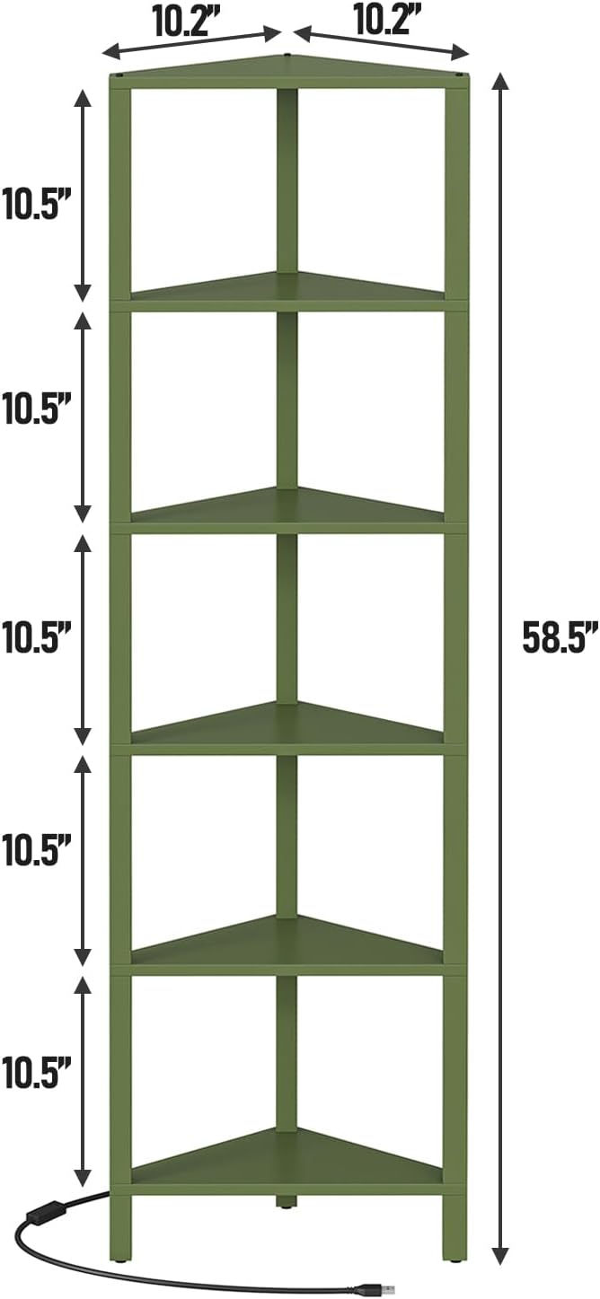 TUTOTAK Corner Shelf with LED Light, 6-Tier Corner Bookshelf for Small Space, Narrow Display Corner Shelf Stand with Storage Rack, for Living Room, Bedroom, Olive Green BS05BOG006L - Image 2