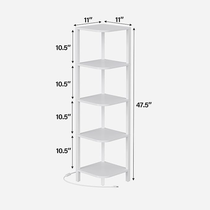 TUTOTAK Corner Shelf with LED Light, 5-Tier Corner Bookshelf for Small Space, Narrow Display Corner Shelf Stand with Storage Rack, for Living Room, Bedroom, White BS08BW005L - Image 2
