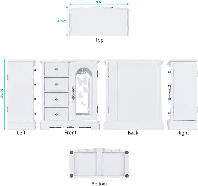 RR ROUND RICH DESIGN Jewelry Box - Made of Solid Wood with 4 Drawers Organizer and Built-in Necklace Carousel and Large Mirror White - Image 4