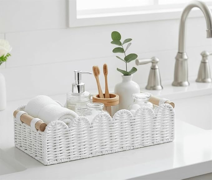 CubesLand Scalloped Edge Toilet Paper Storage Basket, Living Room Home Cozy Decor Basket, Paper Rope Small Baskets for Over Toilet Storage Shelf, End Table, Shelves, with 2 Wooden Handles, White - Image 2
