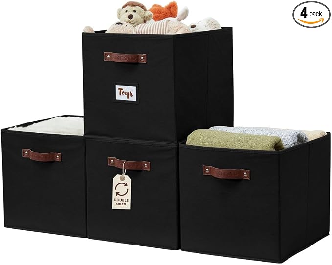 DECOMOMO Storage Baskets, 13x15x13 Storage Cube Bins with Labels for Organizing Shelves Kallax (Kallax / 4pcs, Black) by DECOMOMO