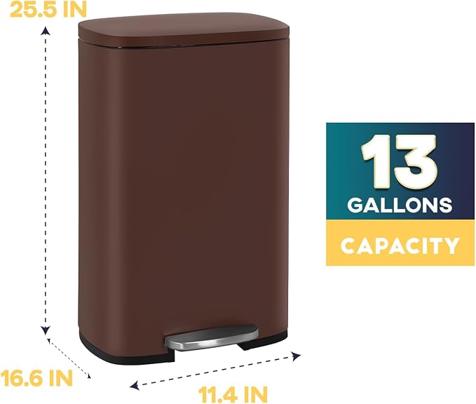 FDW | 13 Gallon Trash Can with Lid | Brown | Fingerprint-Proof | Made of Brushed Stainless Steel | Soft-Close Step Pedal | Hands-Free Use | Easy to Clean | for Kitchen, Office, Bathroom - Image 7