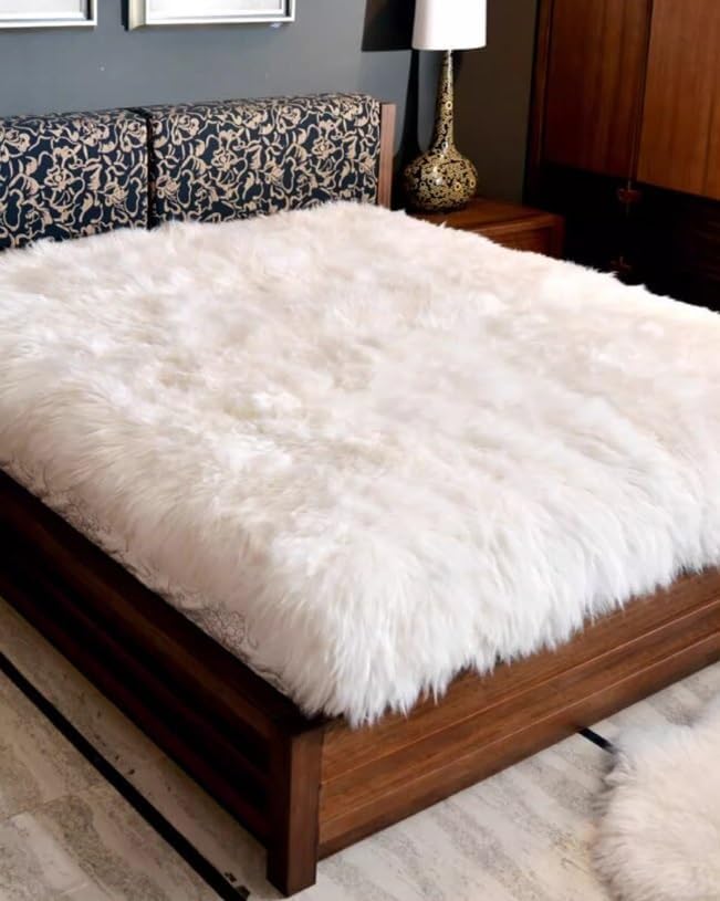 Sheepskin Wool Mattress Topper (203X96cm, Queen, White, Breathable, Dry Clean Only)