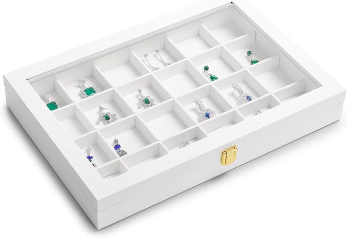 Oirlv Premium Blue Leather 24 Grid Jewelry Tray with Transparent Lid Earrings Rings Organizer Box Stackable Jewelry Box Drawer Inserts Women Gift - Image 3
