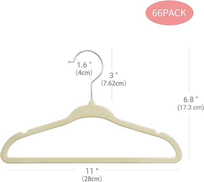 ManGotree 11" Baby Velvet Hangers, Non-Slip Kids Coat Hangers with 360° Swivel Hook, Ultra-Thin Felt Children's Hanger for Infant & Toddler Clothes, 66 Pack (Beige) - Image 3