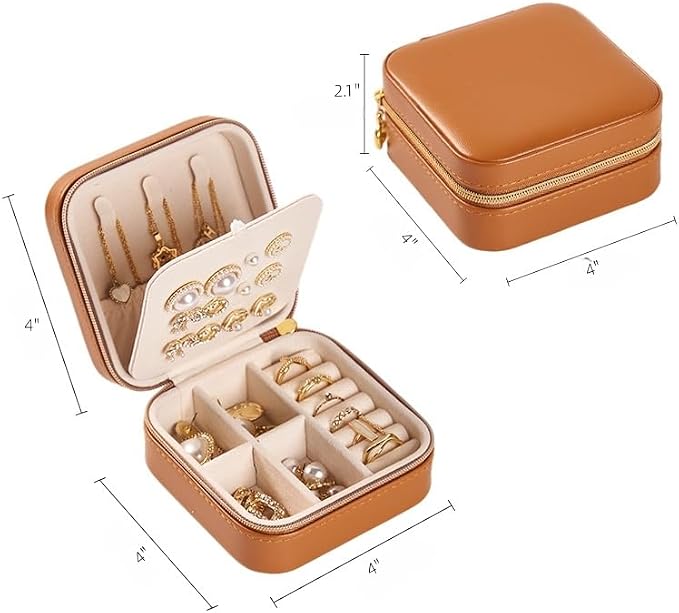 Travel Jewelry Box, PU Leather Small Jewelry Organizer for Women Girls, Portable Mini Travel Case Display Storage Holder Boxes for Stud Earrings, Rings, Necklaces (Brown) - Image 4