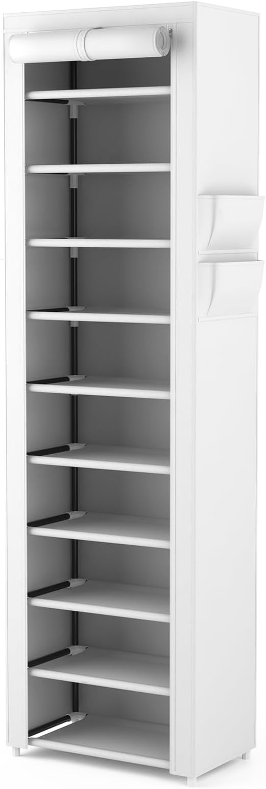VTRIN Vertical Narrow Shoe Rack Organizer Tall Shoe Rack for Closet Entryway 10 Tier Non-Woven Cover Shoe Shelf Holds 20-22 Pairs Free Standing Shoe Storage Cabinet with Dustproof Cover, White - Image 8