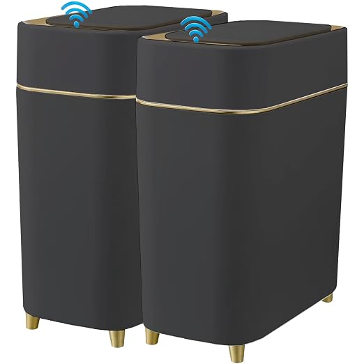 Yatmung 2-Pack - Automatic Trash Cans Touchless Motion Sensor Bathroom Trash Can - Waste Basket for Bedroom, Home Offices, Small Spaces - Compact Smart Garbage Can with Lid - Black with Gold Edge by Yatmung