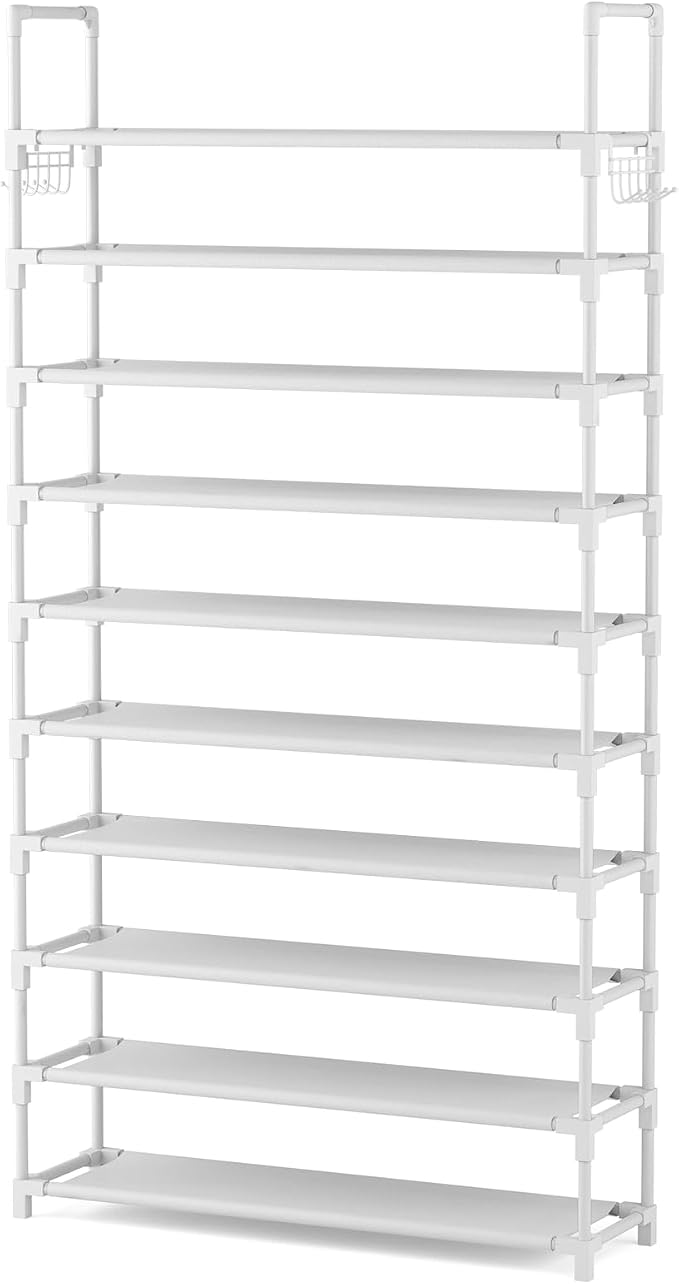 VTRIN 10 Tiers Shoe Rack Tall Large Capacity Wide Shoe Organizer Sturdy Shoe Shelf for Entryway with Two Hooks Metal Shoe Storage for Closet, Bedroom, White - Image 8