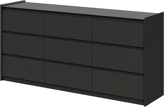 Extra Wide 9 Drawer Dresser for Bedroom, Modern Wooden Chest of Drawers, Sturdy Handle-Free Storage Cabinet with Anti-Tip Kit, Large Console Table for Master Room, Matte Black