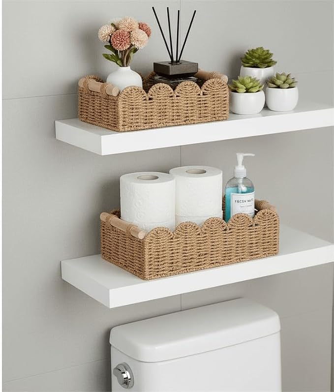 CubesLand Toilet Paper Storage Organizer Basket, Scalloped Decorative Baskets for Over Toilet Shelves, Wicker Small Basket Perfect for Home Countertop Storage & Decor, Living Room Shelf Decor, Neutral - Image 3