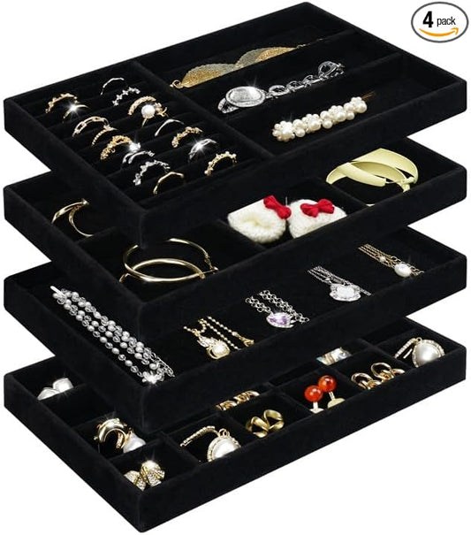 Cirhy 4 Stackable Jewelry Trays Organizer Set for Drawer, Jewelry Organizers and Display Case Storage, Velvet Drawer Inserts Organizer for Necklace Bracelets Earrings Organizer, Gift For Her, Black by Cirhy