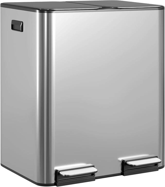 FDW Trash Can, 60 Liter (2x30L) 16 Gallon Stainless Steel Step Can, Rectangular Trash Can with Inner Buckets and Hinged Lids, Suitable for Kitchen Office Home Use,Silver by FDW