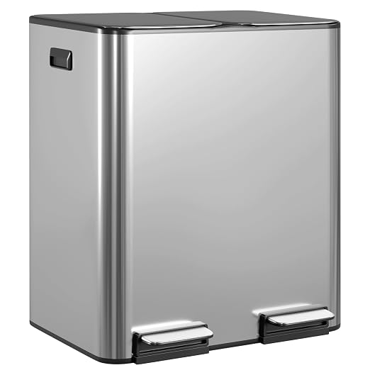 PayLessHere Trash Can, 16 Gallon (2x8G) 60 Liter Rectangular Trash Cans Stainless Steel Step Trash Can with Inner Buckets and Hinged Lids, Suitable for Kitchen Office Home Use,Silver by PayLessHere