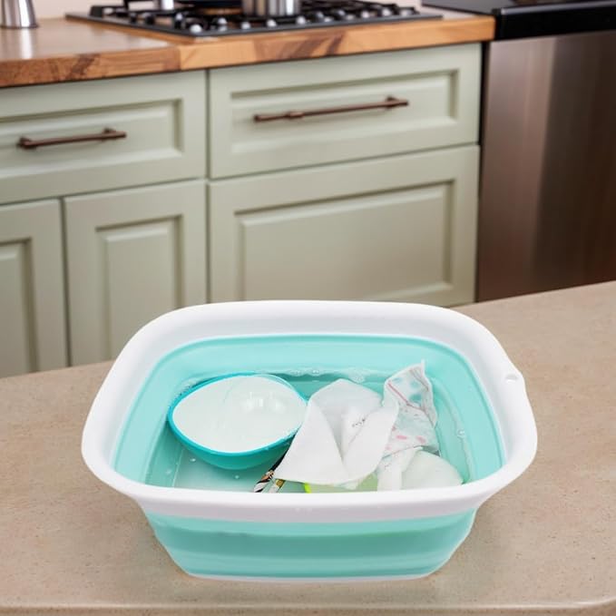 SAMMART 7.7L (2 Gallon) Collapsible Tub - Foldable Dish Tub - Portable Washing Basin - Space Saving Plastic Washtub (White/Lake Green, S) - Image 2