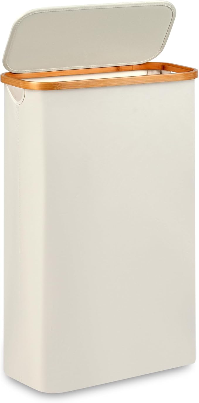 Slim Laundry Hamper,Narrow laundry Hamper with Lid,60L Hamper for Laundry,Dirty Cloth Hamper with Bamboo Handle for Toys,Towels, Clothes Organizing,Beige by Merkisa
