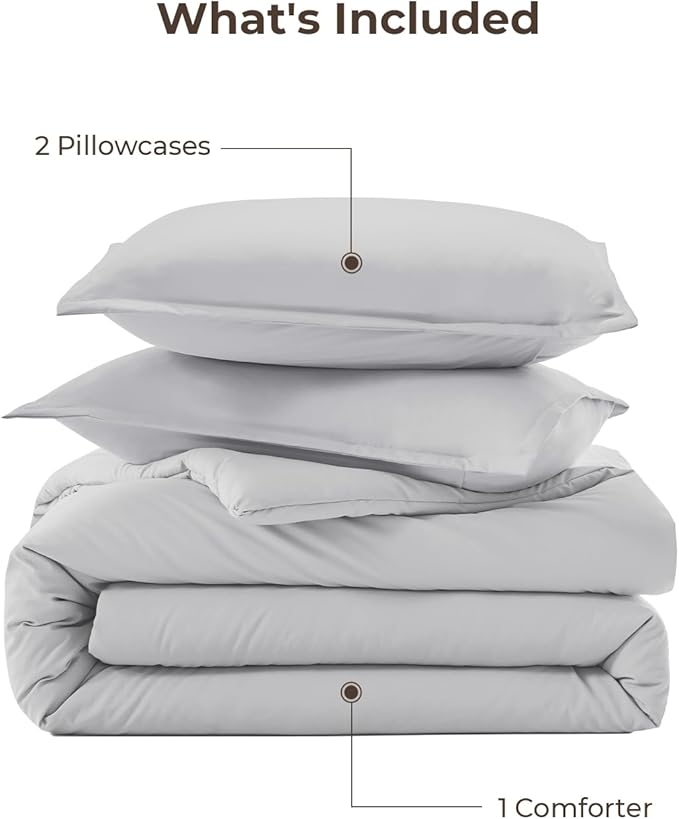 Litanika Light Grey Comforter Full Size, 3 Pieces Lightweight Solid Bedding Comforter Set, All Season Fluffy Bed Set (79x90In Comforter & 2 Pillowcases)