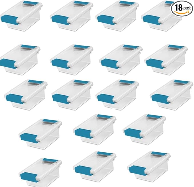 Sterilite 18-Pack Clip Box, Stackable Clear Plastic Bins with Latching Lids, Mini - Writing, Arts or Crafts Supplies Storage Containers for Home, Office, Classroom and Workshop Organization by Sterilite