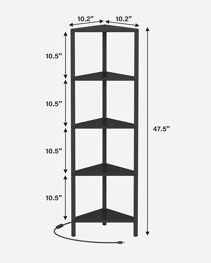 TUTOTAK Corner Shelf with LED Light, 5-Tier Corner Bookshelf for Small Space, Narrow Display Corner Shelf Stand with Storage Rack, for Living Room, Bedroom, Black BS05BK005L - Image 2