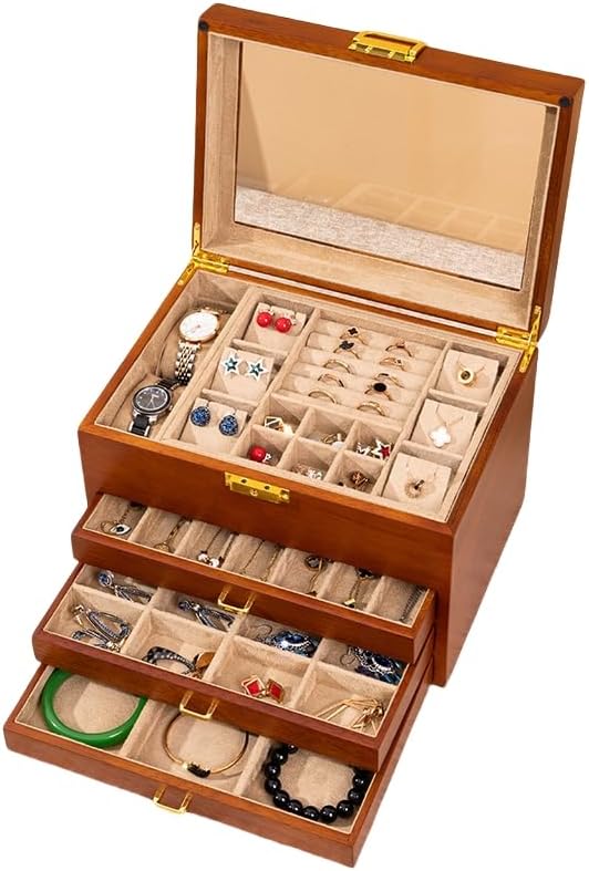 Walnut Wood Jewelry Box, 4-Tier Soild Wood Jewelry Box with 3 Drawers Large Storage Lockable Jewelry Organizer with Glass Lid Christmas Gifts for Necklaces Rings Earring Watches Bracelets by LIBOLXSP